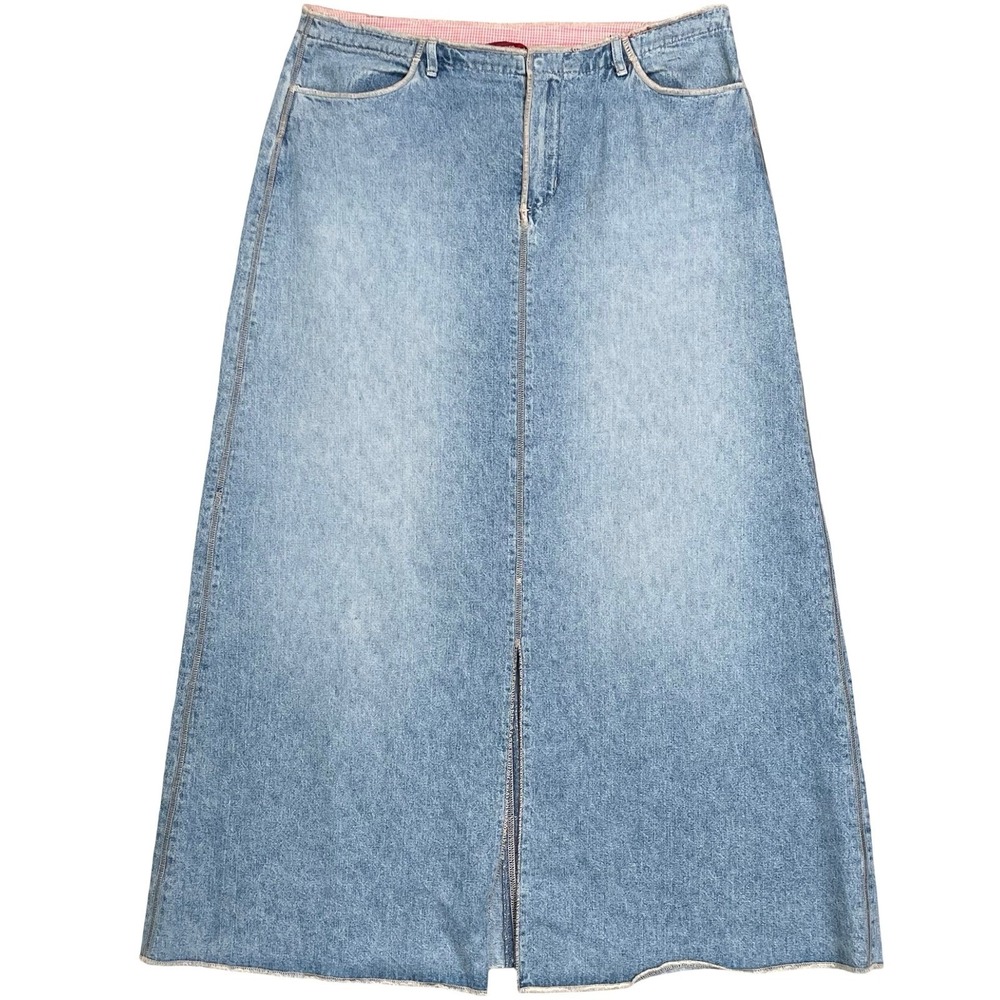 Vintage Sundance Denim Maxi Skirt Women 10 Blue‎ Raw Hem Gingham Trim Boho Y2K